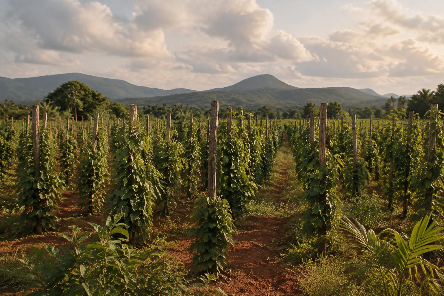 Rows of pepper vines in red laterite soil beneath green hills
